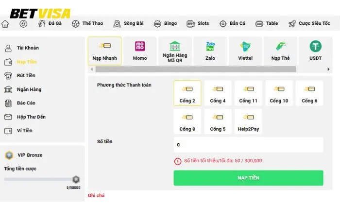 Phương thức nạp/rút tại Betvisa